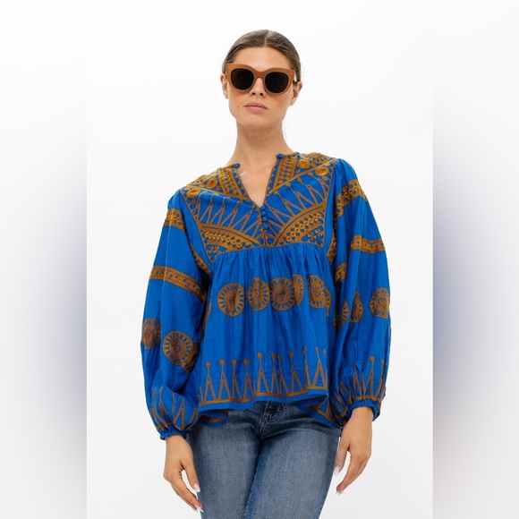 Oliphant Tops - Oliphant Mandarin Balloon Sleeve Top Sz Medium Soleil Blue Cotton Boho Flowy